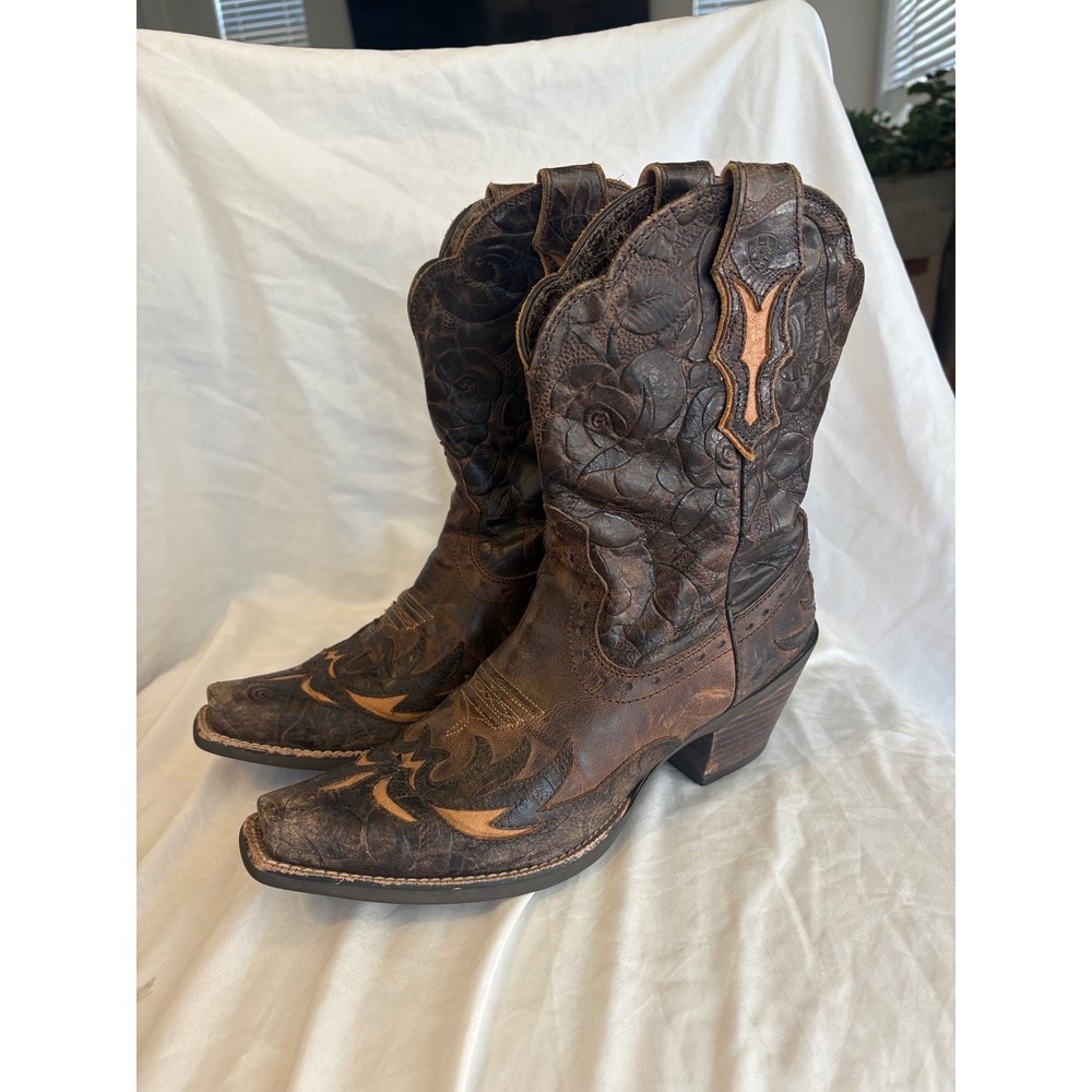 Ariat Gentry Brown Floral Embossed Leather Western Boots Snip Toe Womens 8B